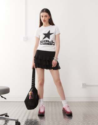 Collusion Short Sleeve Shrunken T-shirt With Star Logo-white