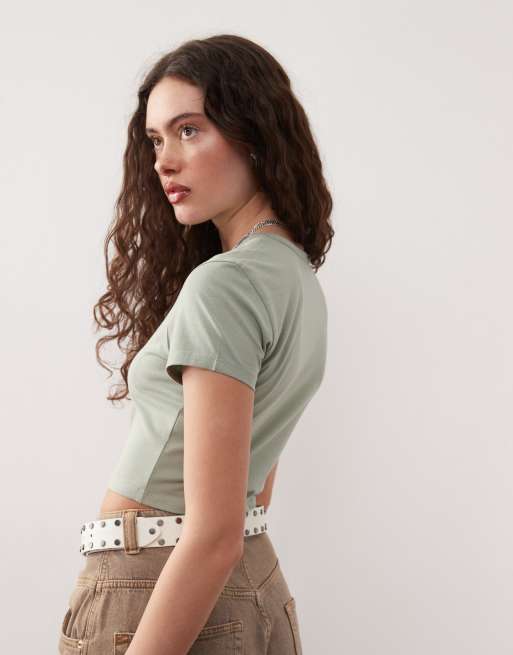 COLLUSION short sleeve super crop t-shirt in khaki, 3 of 4