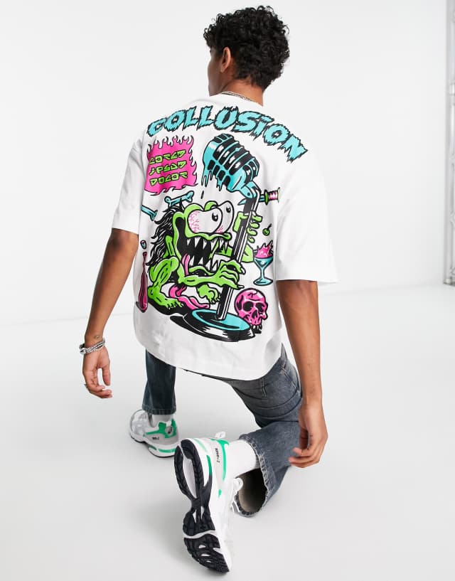 COLLUSION short sleeve T-shirt with monster graphic in white