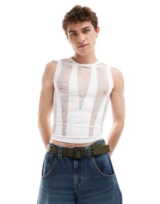 Collusion Shredded Festival Seamless Muscle Tank Top In White