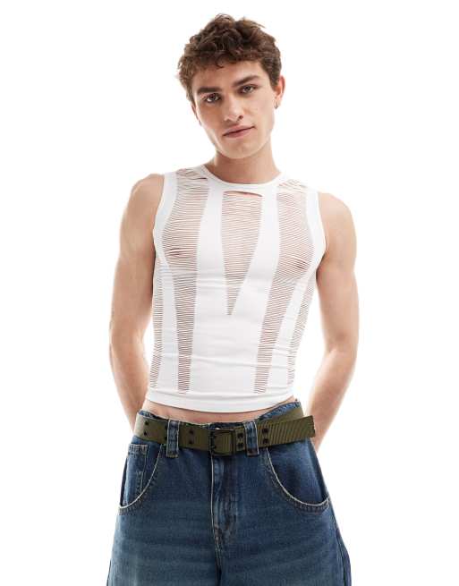 COLLUSION shredded festival seamless singlet muscle top in white