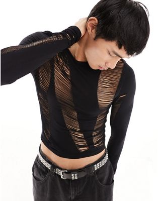 COLLUSION Shredded seamless long sleeve muscle top in black - ASOS Price Checker