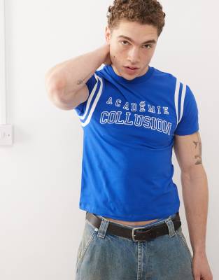 Shrunken athletic t-shirt with football detail in blue