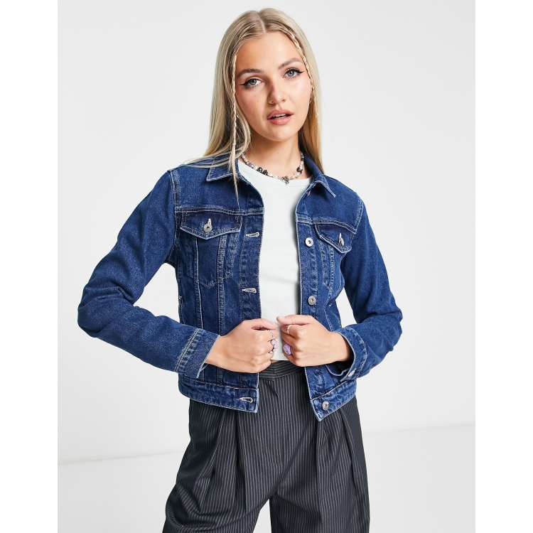 COLLUSION shrunken denim jacket with contrast stitch in blue wash