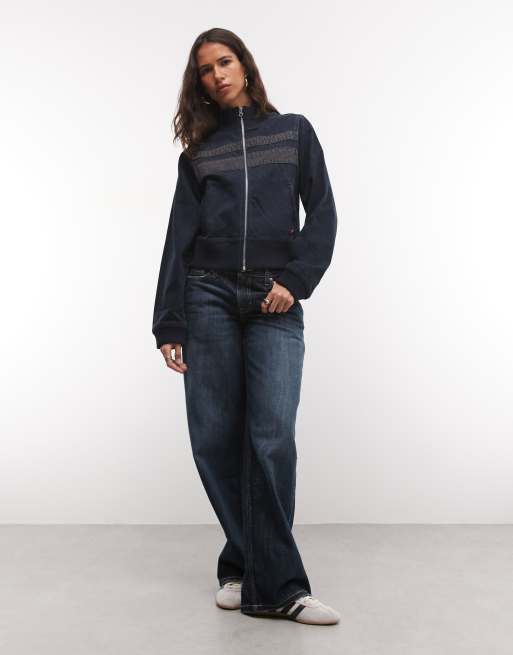 COLLUSION shrunken fit sporty track denim jacket in blue black wash co-ord, 2 of 4