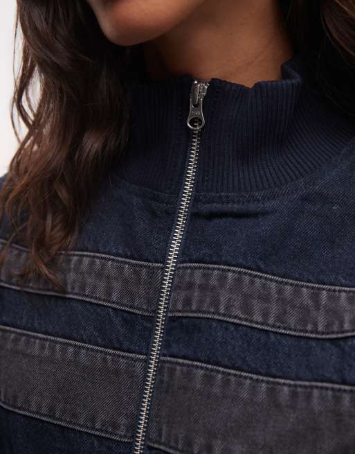 COLLUSION shrunken fit sporty track denim jacket in blue black wash set, 3 of 4