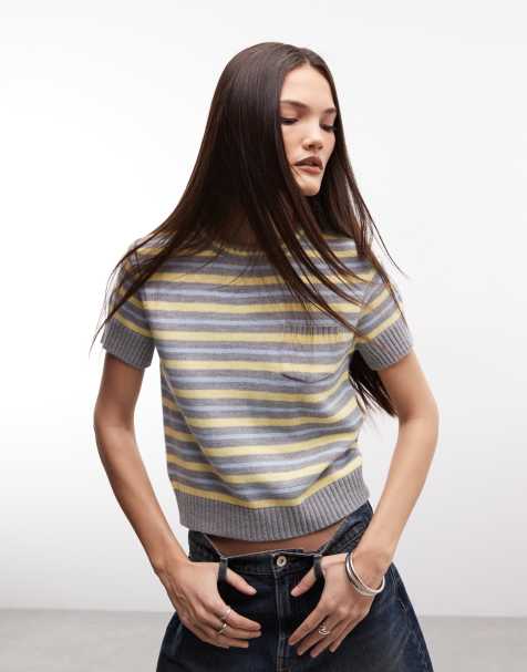 COLLUSION shrunken knit cap sleeve sweater in gray stripes - view 1