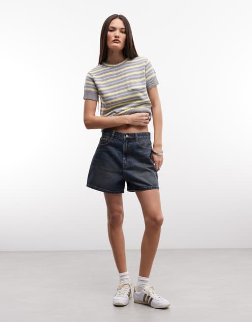 COLLUSION shrunken knitted cap sleeve jumper in grey stripe, 2 of 4