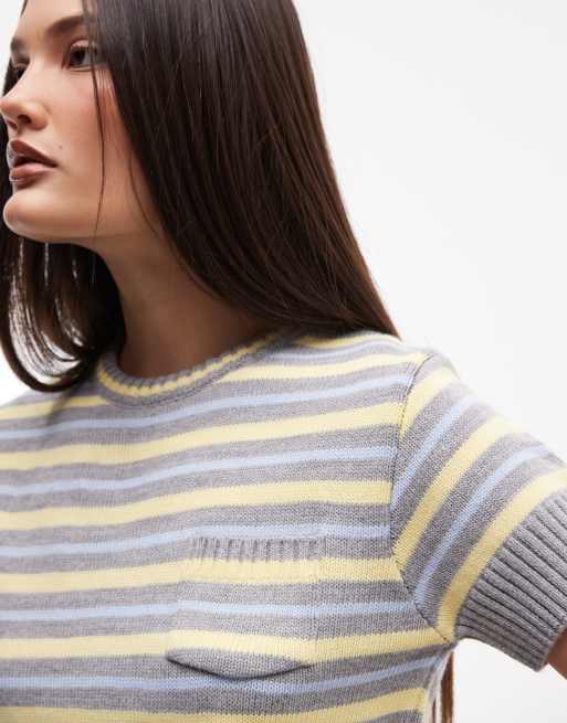 COLLUSION shrunken knitted cap sleeve jumper in grey stripe, 3 of 4