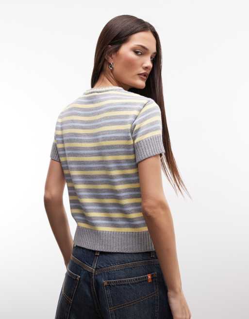COLLUSION shrunken knitted cap sleeve jumper in grey stripe, 4 of 4