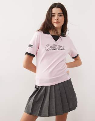 collusion shrunken polo top in baby pink