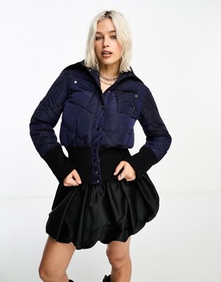 COLLUSION shrunken puffer with rib collar in navy