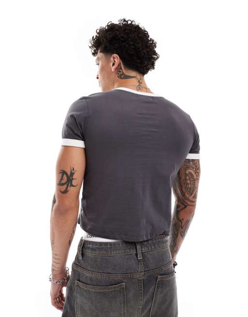 COLLUSION shrunken ringer t-shirt with talisman graphic print in grey, 4 of 4
