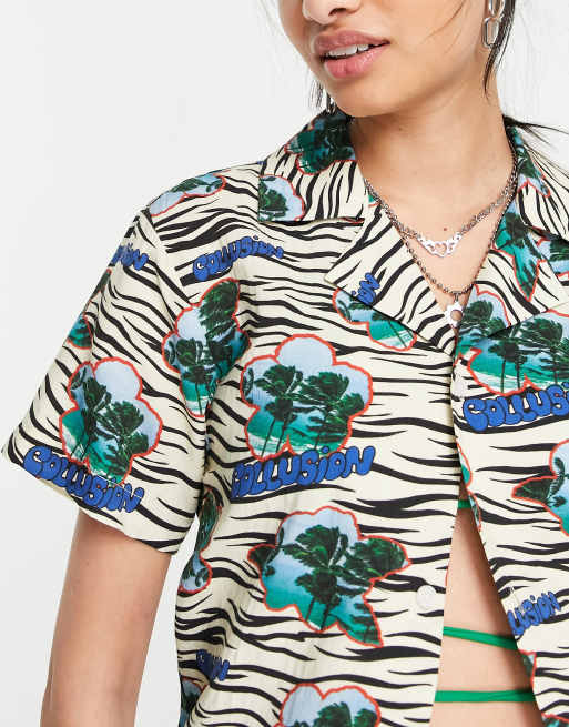 COLLUSION Unisex hawaiian print shirt in blue