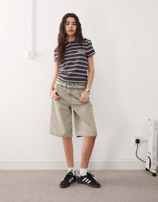COLLUSION shrunken striped polo shirt in brown, 3 of 4
