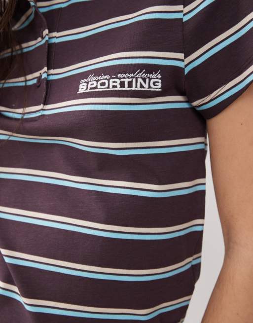 COLLUSION shrunken striped polo shirt in brown, 4 of 4