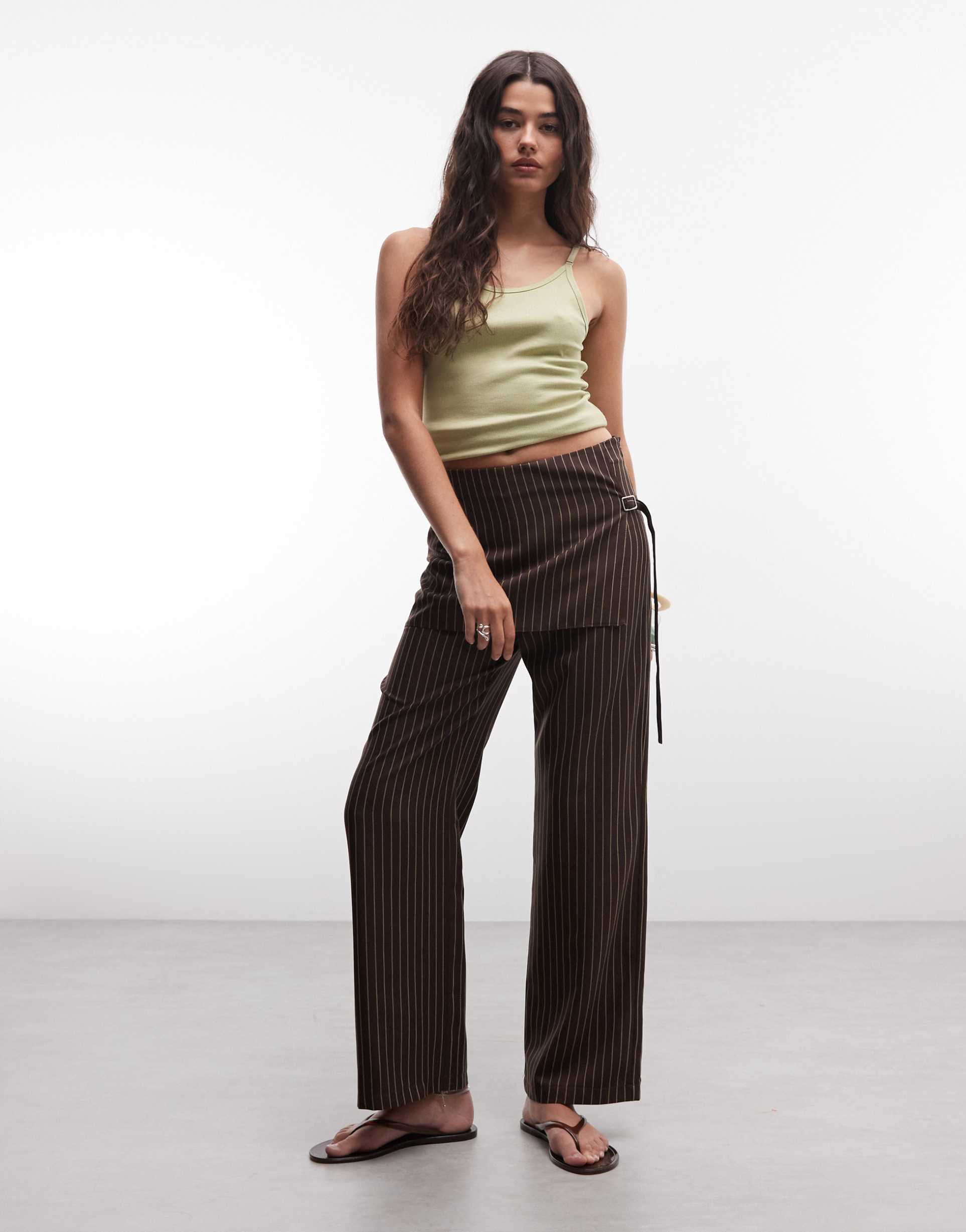 collusion side tie skirt pants in chocolate pinstripe