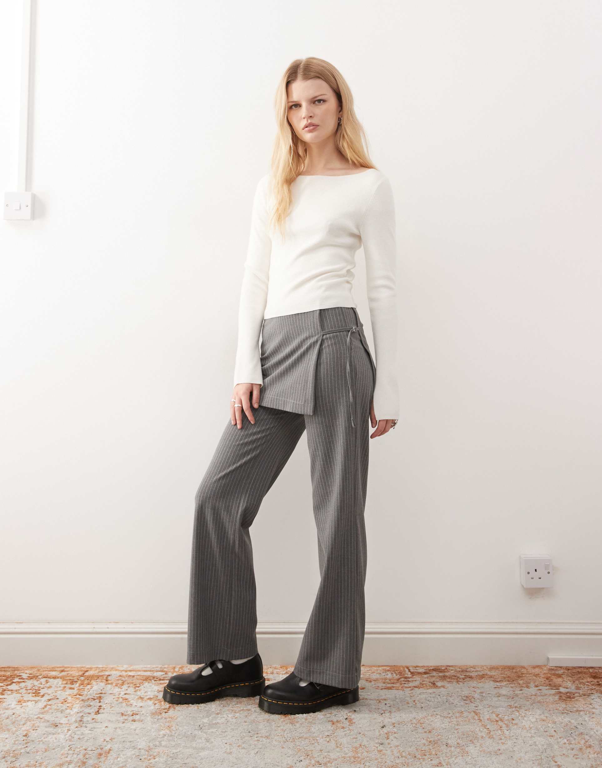 collusion side tie skirt pants in gray pinstripe