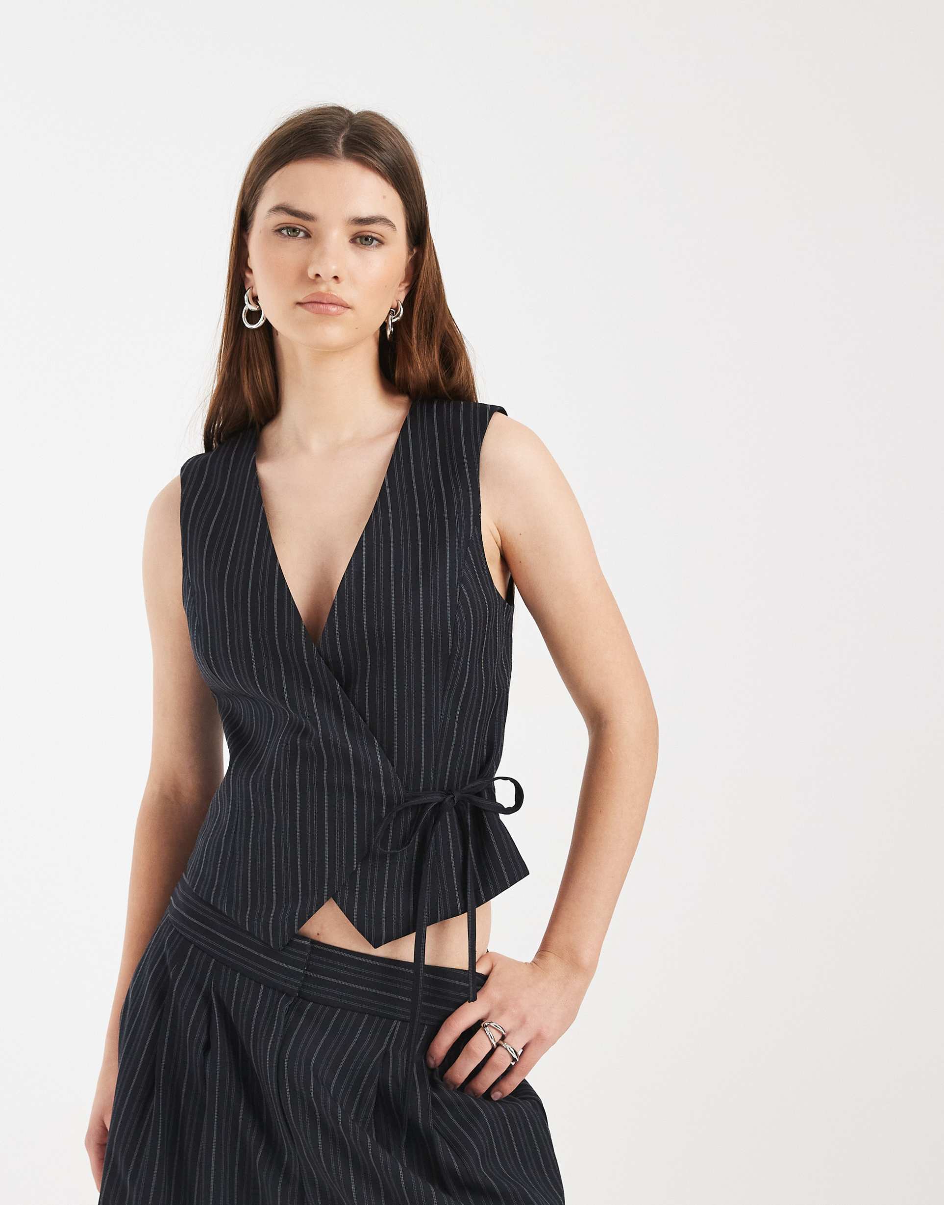 collusion side tie vest in pinstripe