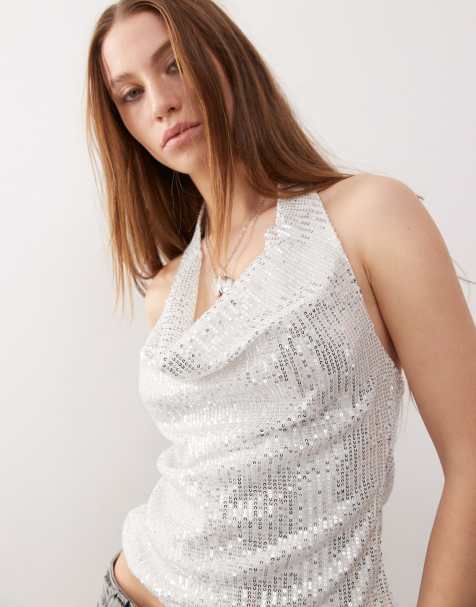 COLLUSION silver halter sequin top - view 1