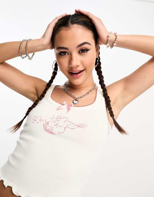COLLUSION siren print bow detail singlet in cream 