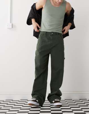 skate pants with contrast stitch in khaki-Green