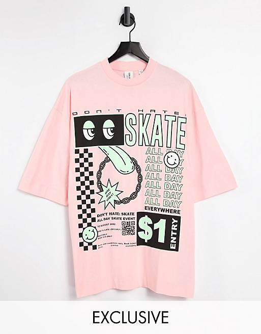 zacht Philadelphia Ontembare COLLUSION skate print oversized t-shirt in pink | ASOS