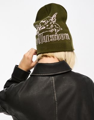 COLLUSION skater beanie with cupid graphic knit in dark khaki