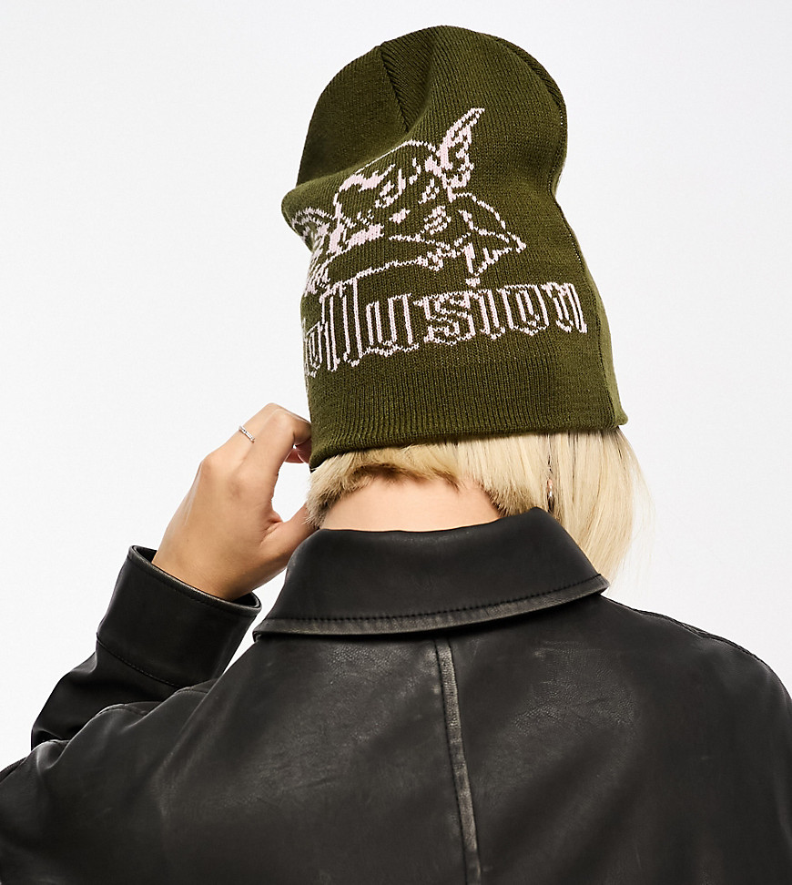 COLLUSION skater beanie with cupid graphic knit in dark khaki-Green
