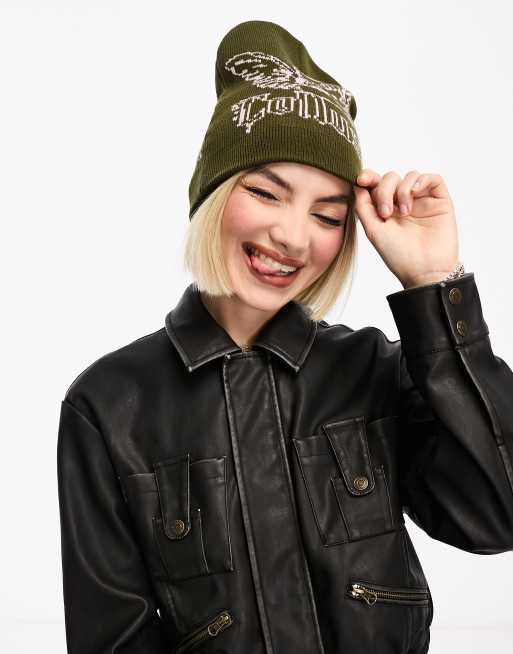 COLLUSION skater beanie with cupid graphic knit in dark khaki ASOS