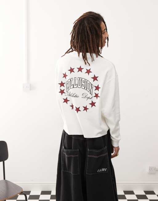COLLUSION - Skater Dept - Varsity T-shirt met lange mouwen en print op de achterkant in wit