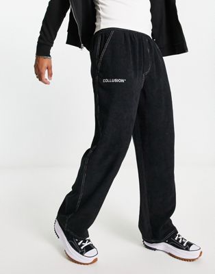 COLLUSION skater fit cord trouser with embroidery in black