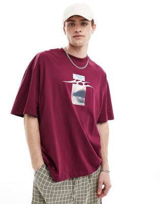 COLLUSION Skater fit t-shirt with photographic print in burgundy
