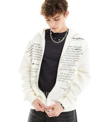 COLLUSION Skater fit zip through hoodie in white with text print