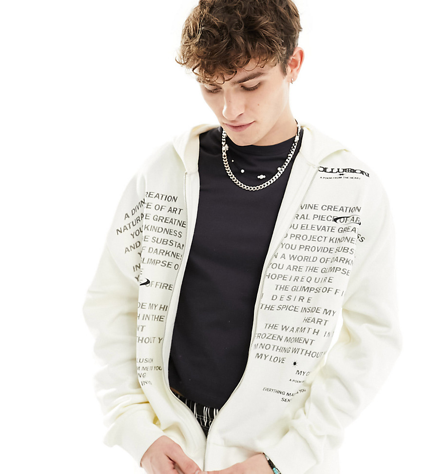COLLUSION Skater fit zip through hoodie in white with text print
