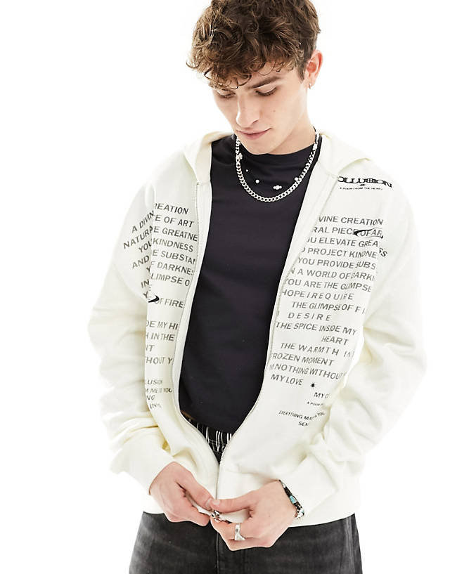 Collusion - skater fit zip through hoodie in white with text print