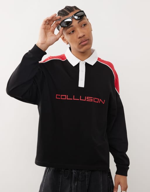 COLLUSION Skater rugby t-shirt in black with red print , 2 of 4