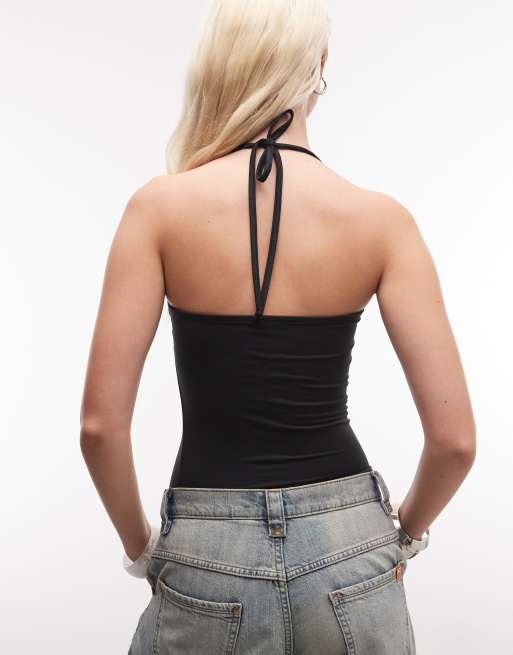 COLLUSION skinny strap halter neck in black, 4 of 4