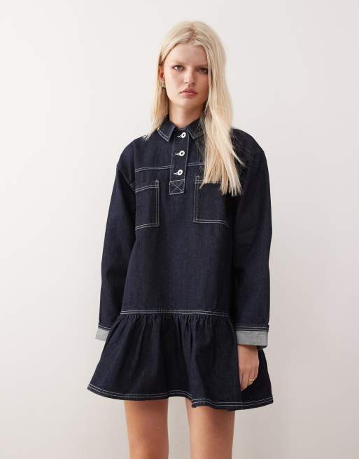 COLLUSION – Sköljtvättad miniklänning i denim med långa ärmar, 2 av 4