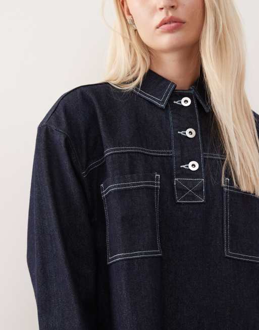 COLLUSION – Sköljtvättad miniklänning i denim med långa ärmar, 3 av 4