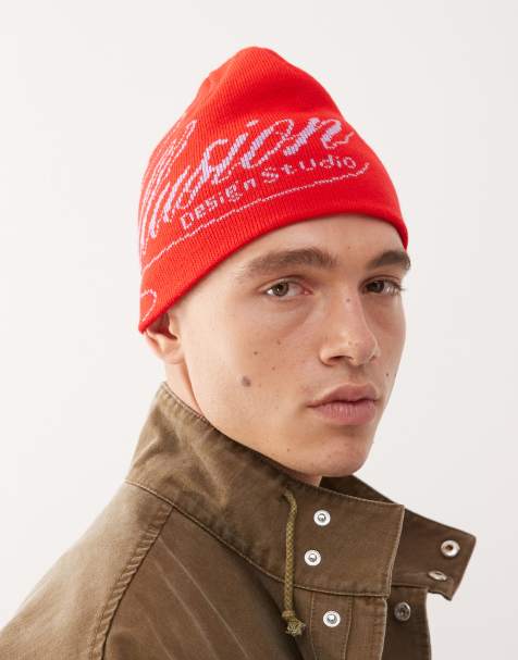 COLLUSION skull cap beanie with graphic logo in red - view 1