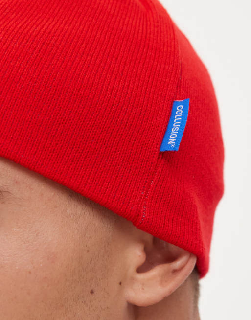 COLLUSION skull cap beanie with graphic logo in red