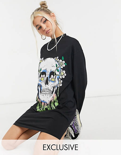  COLLUSION skull print long sleeve t-shirt dress 