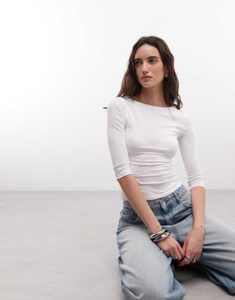 COLLUSION slash neck 3/4 sleeve top in white - view 1