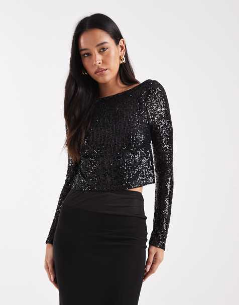 COLLUSION slash neck backless sequin long sleeve top black - view 1