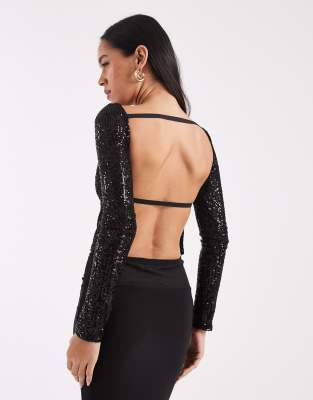 Collusion Slash Neck Backless Sequined Long Sleeve Top In Black
