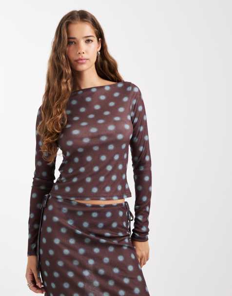 COLLUSION slash neck blur spot top in brown blue co-ord - view 1
