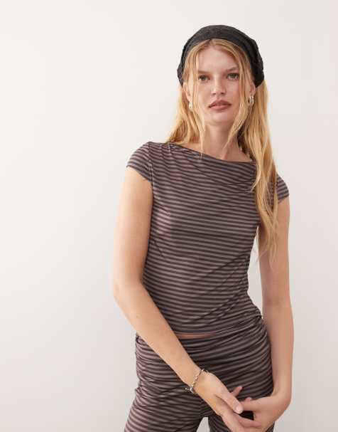 COLLUSION slash neck cap sleeve t-shirt in chocolate stripe - view 1