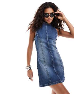 COLLUSION slash neck denim mini dress in midwash