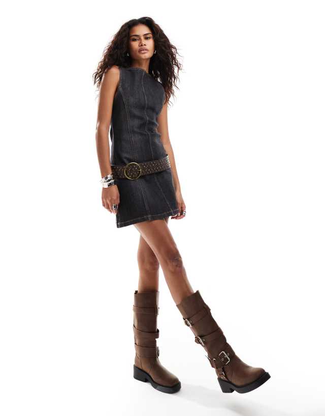 collusion slash neck denim mini dress Collusion Slash Neck Denim Mini Dress in Black